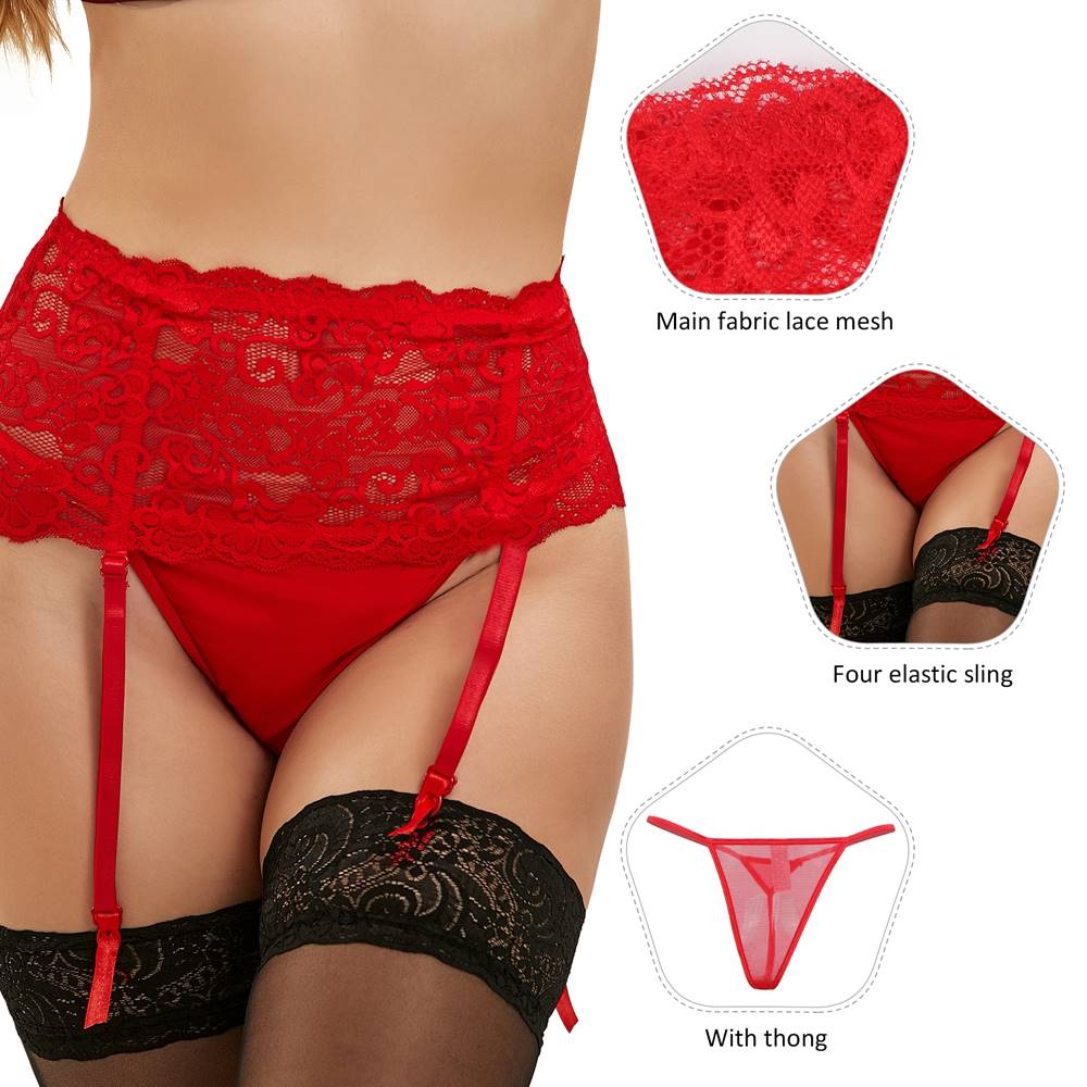 Red Floral Lace Garter Panty with Adjustable Suspenders - TeaseFashion