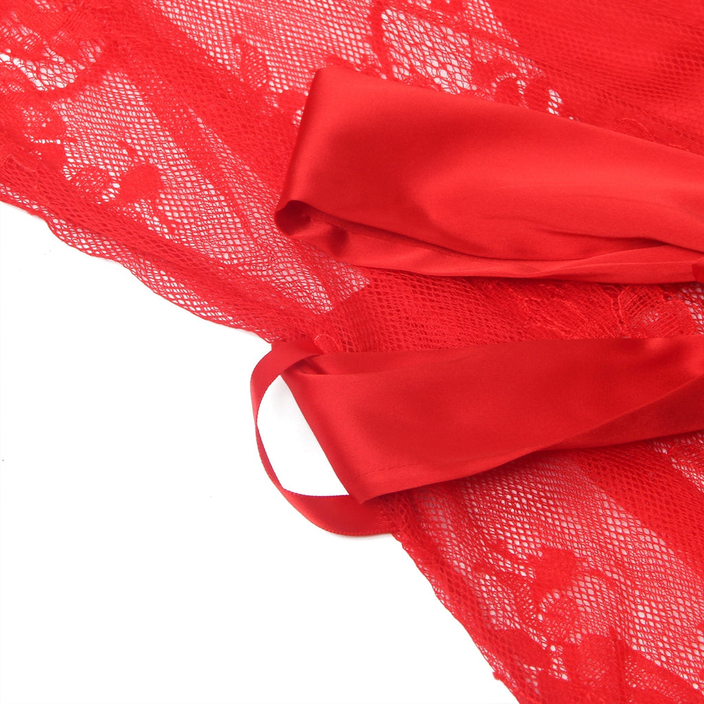 Red Floral Lace Mesh Robe – Satin Placket, Eyelash Lace Cuffs & Silk Belt - TeaseFashion
