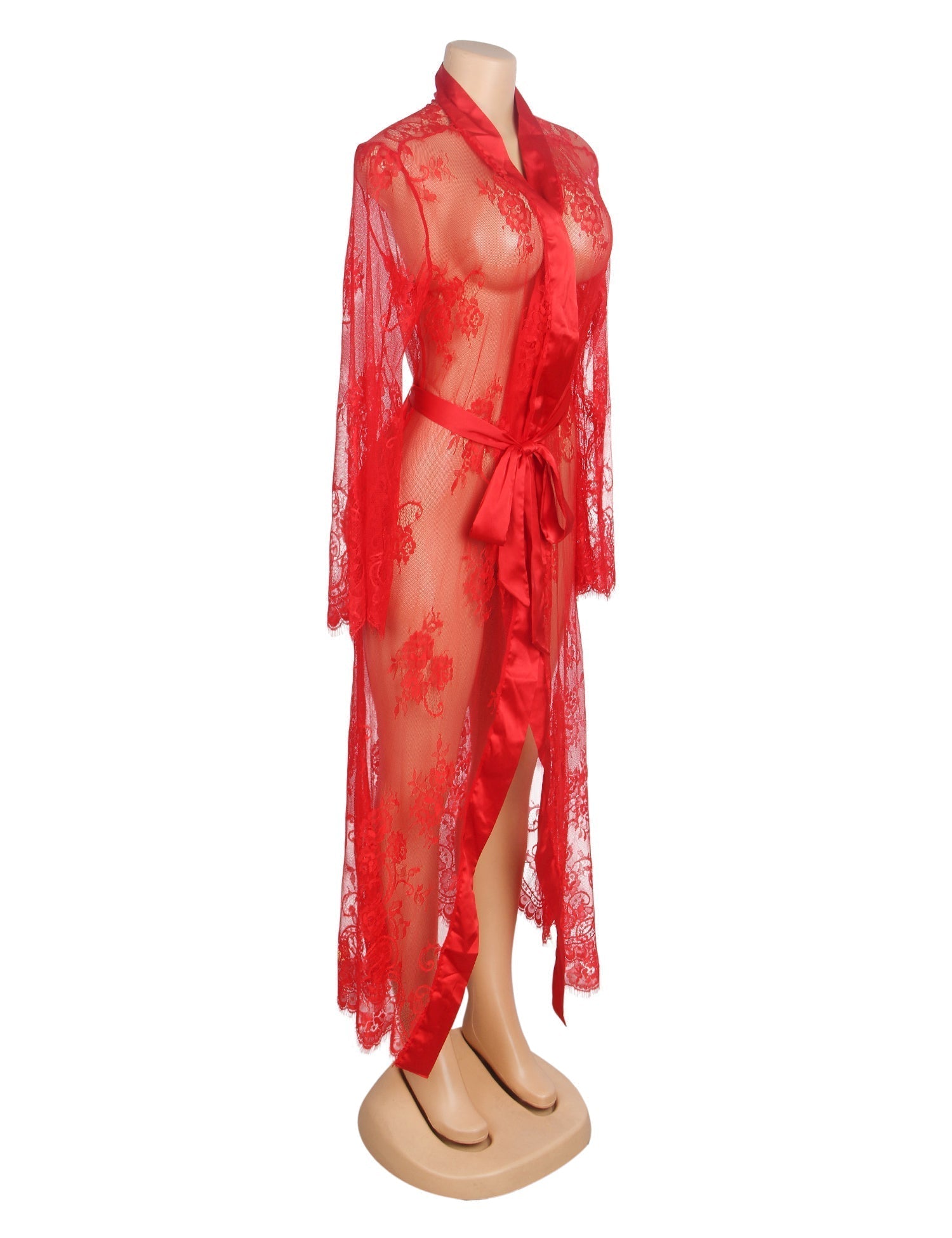 Red Floral Lace Mesh Robe – Satin Placket, Eyelash Lace Cuffs & Silk Belt - TeaseFashion