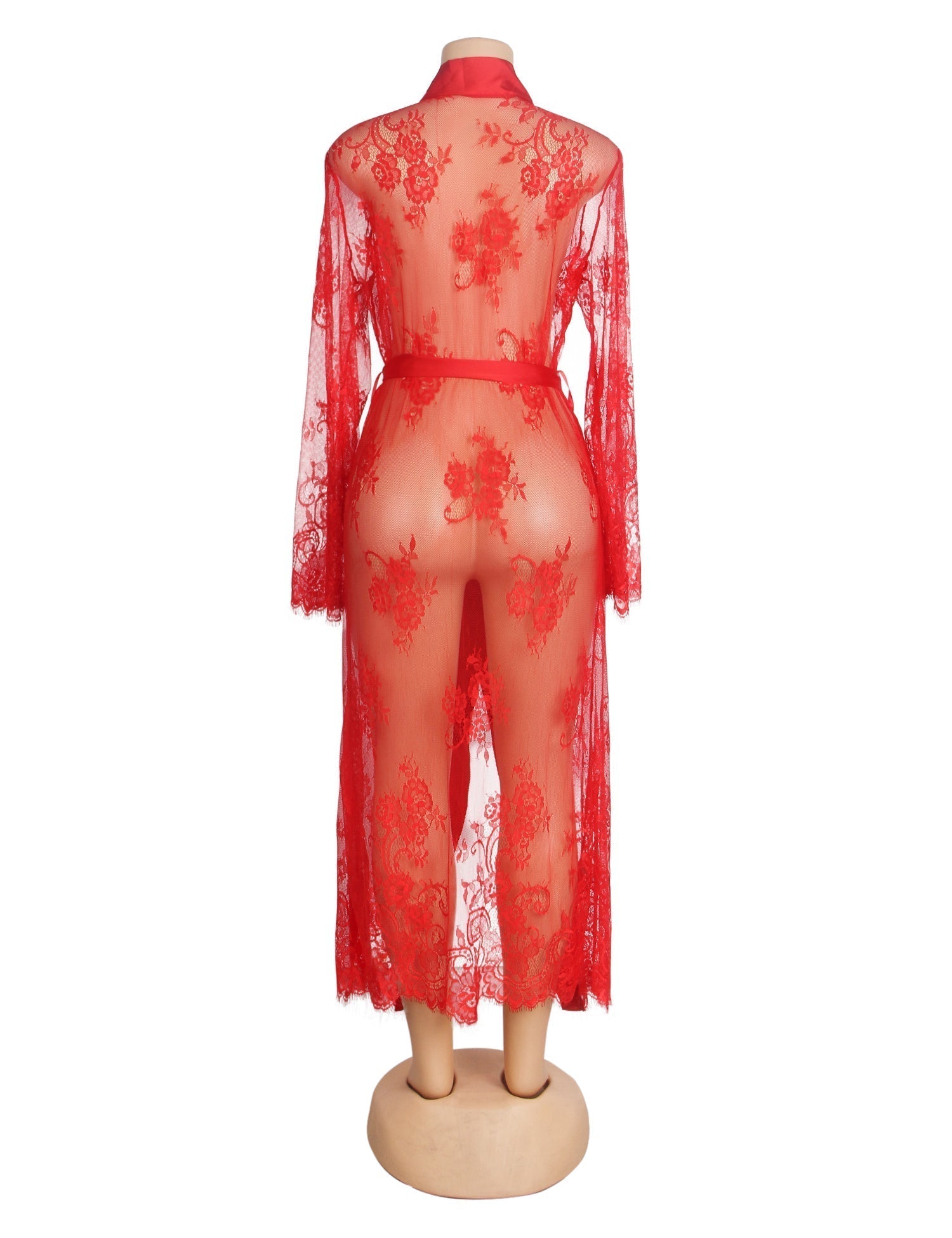 Red Floral Lace Mesh Robe – Satin Placket, Eyelash Lace Cuffs & Silk Belt - TeaseFashion