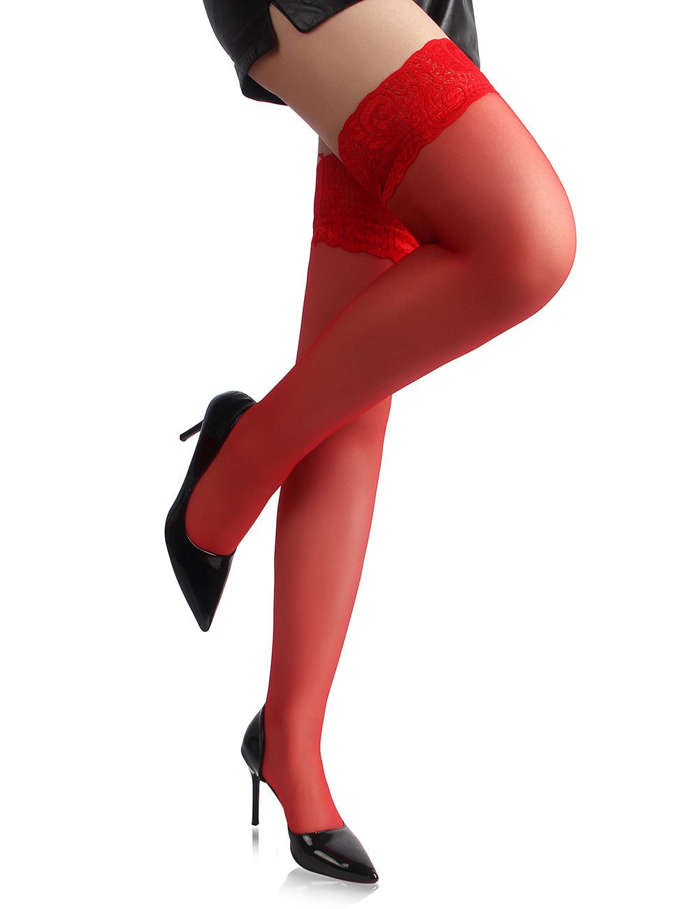 Red Floral Lace Thigh - High Stockings with Elastic Trim - TeaseFashion