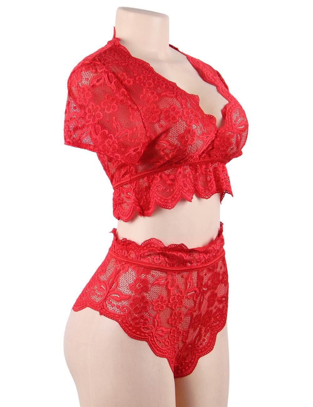 Red Glossy Lace Bra & High - Waist Panty Set – Deep V - Neck Crop Top - TeaseFashion