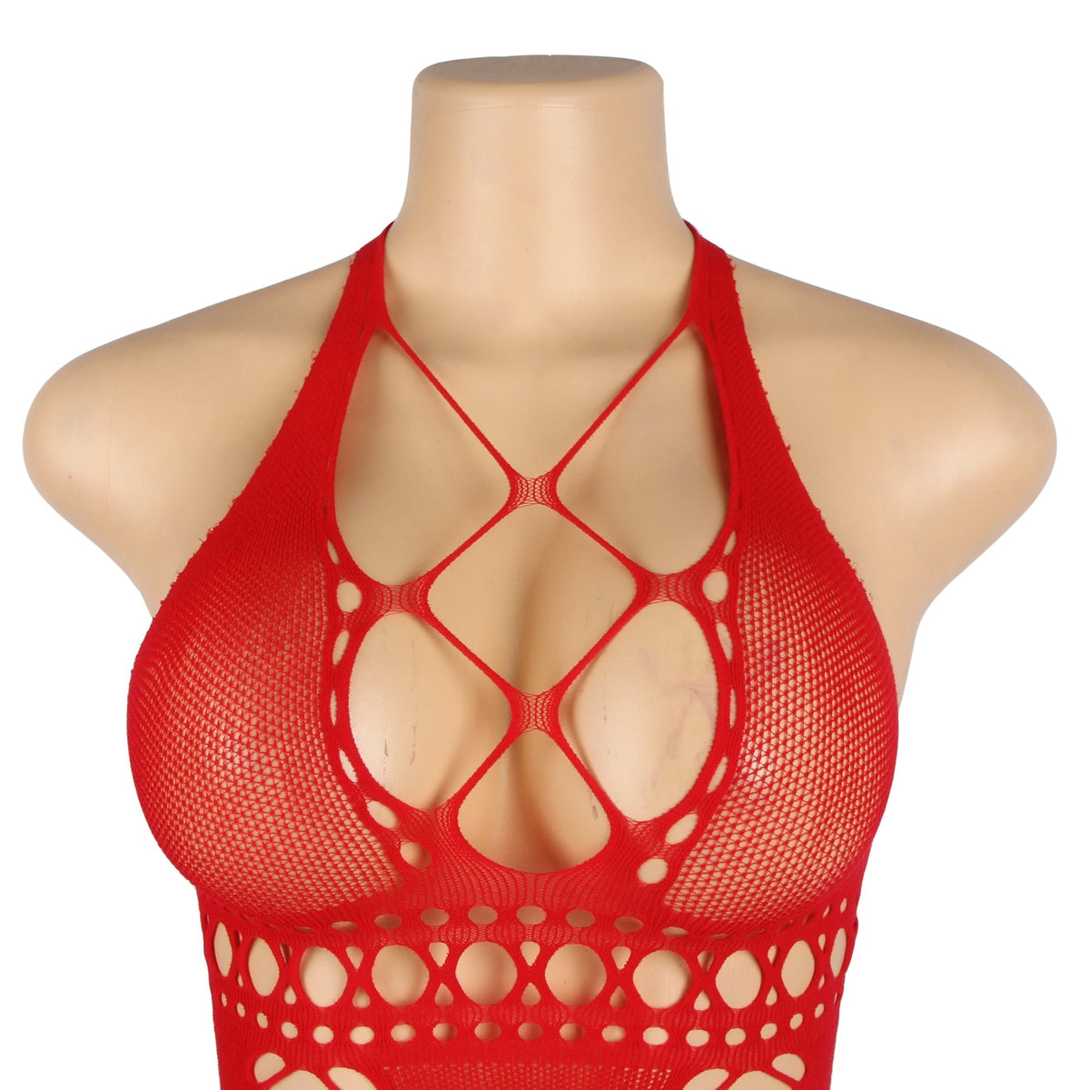 Red Halter - Neck Side - Mesh Bodysuit - TeaseFashion