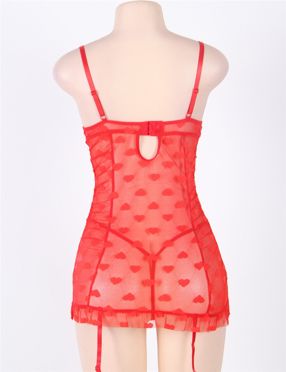 Red Heart Jacquard Mesh Garter Lingerie Set – Steel Ring Cups, Pleated Lace, Centre Butterfly Knot & Heart Suspender - TeaseFashion