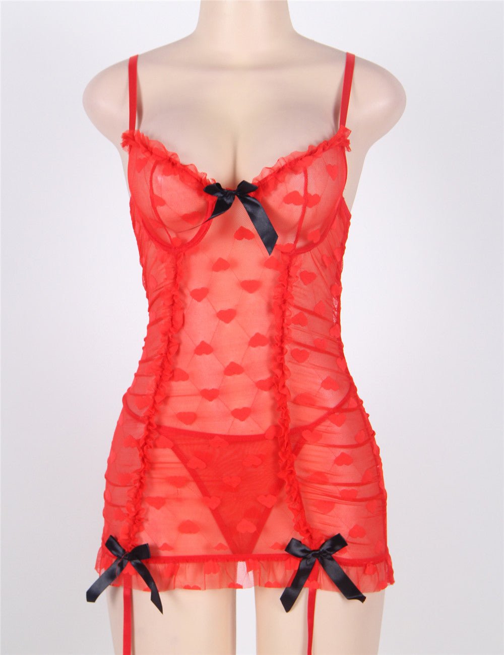 Red Heart Jacquard Mesh Garter Lingerie Set – Steel Ring Cups, Pleated Lace, Centre Butterfly Knot & Heart Suspender - TeaseFashion