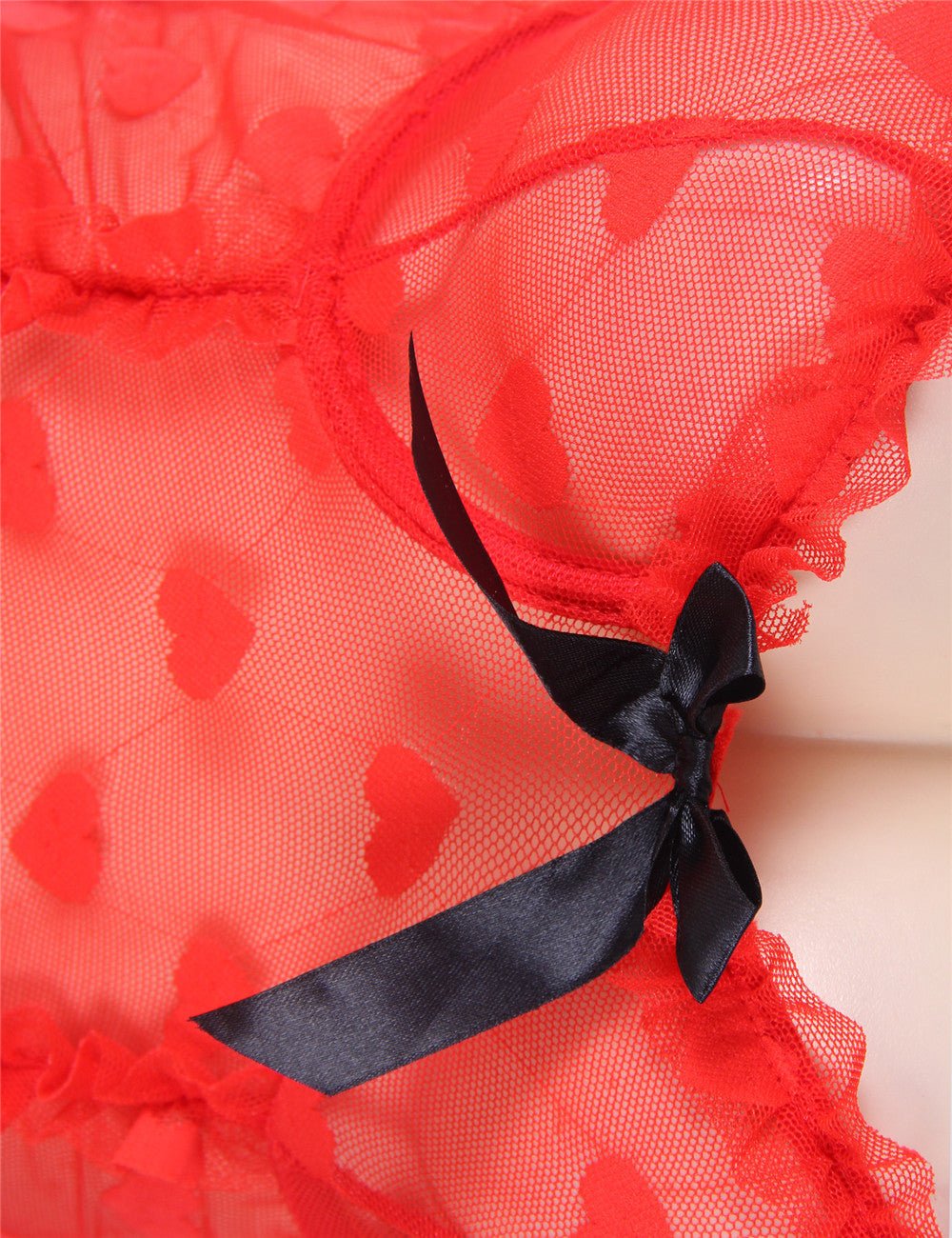 Red Heart Jacquard Mesh Garter Lingerie Set – Steel Ring Cups, Pleated Lace, Centre Butterfly Knot & Heart Suspender - TeaseFashion