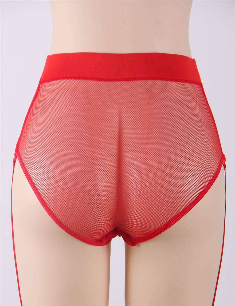 Red High - Waist Mesh Garter Panty – Wide Elastic Waistband & Detachable Garter Straps - TeaseFashion