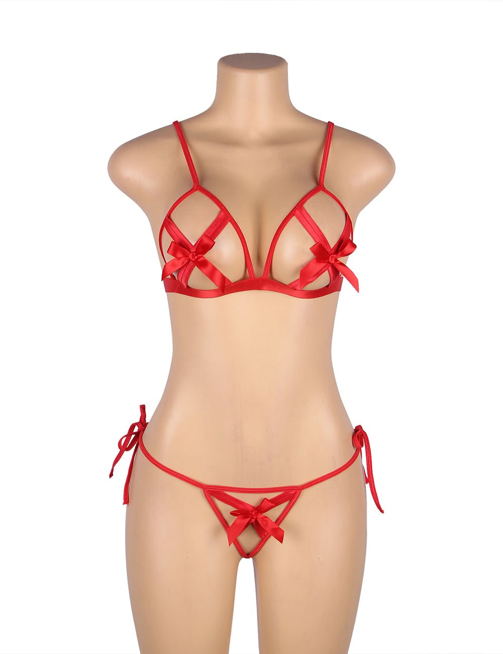Red Hollow - Out Bow - Knot Bra Set – Hook Closure & Wristband - TeaseFashion