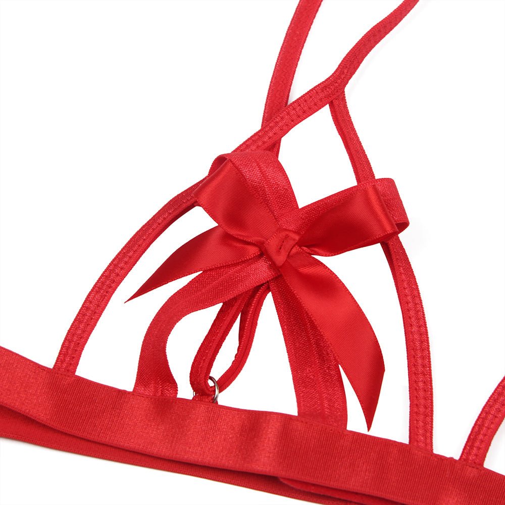 Red Hollow - Out Bow - Knot Bra Set – Hook Closure & Wristband - TeaseFashion
