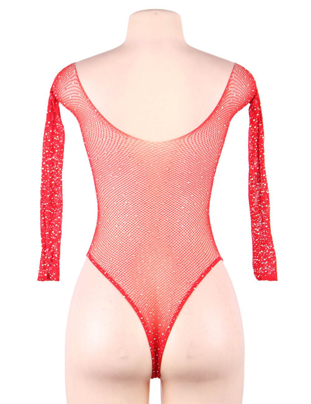 Red Jacquard Silk Thread Long - Sleeve Full - Body Bodysuit – Round Collar & Rhinestone Embellishments - TeaseFashion
