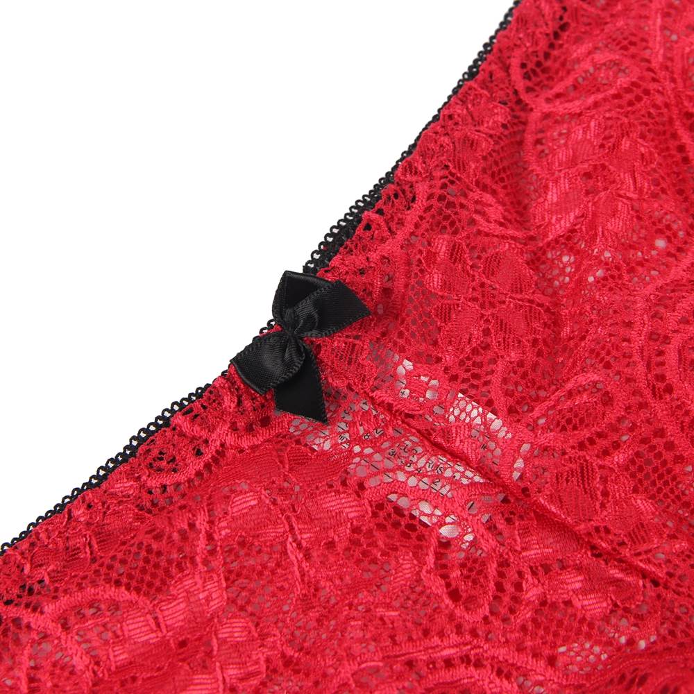 Red Lace Camisole, Panties & Satin Boxer Shorts Three - Piece Sleepwear Set - TeaseFashion