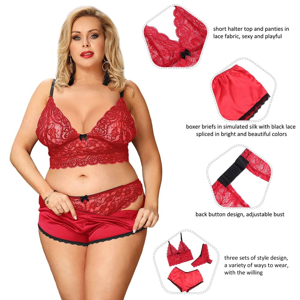 Red Lace Camisole, Panties & Satin Boxer Shorts Three - Piece Sleepwear Set - TeaseFashion