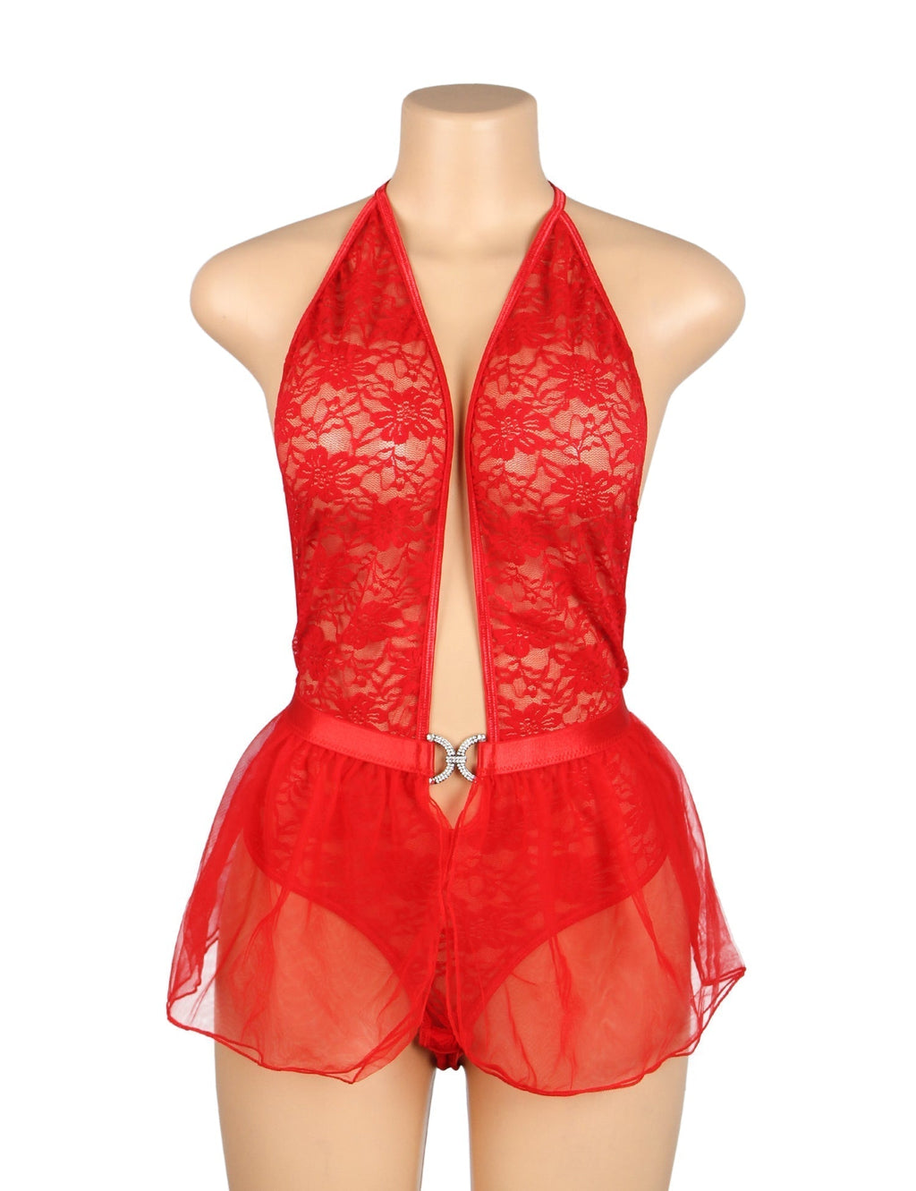 Red Lace Halter Bodysuit & Mesh Mini Skirt Set – Deep V & Open Back - TeaseFashion
