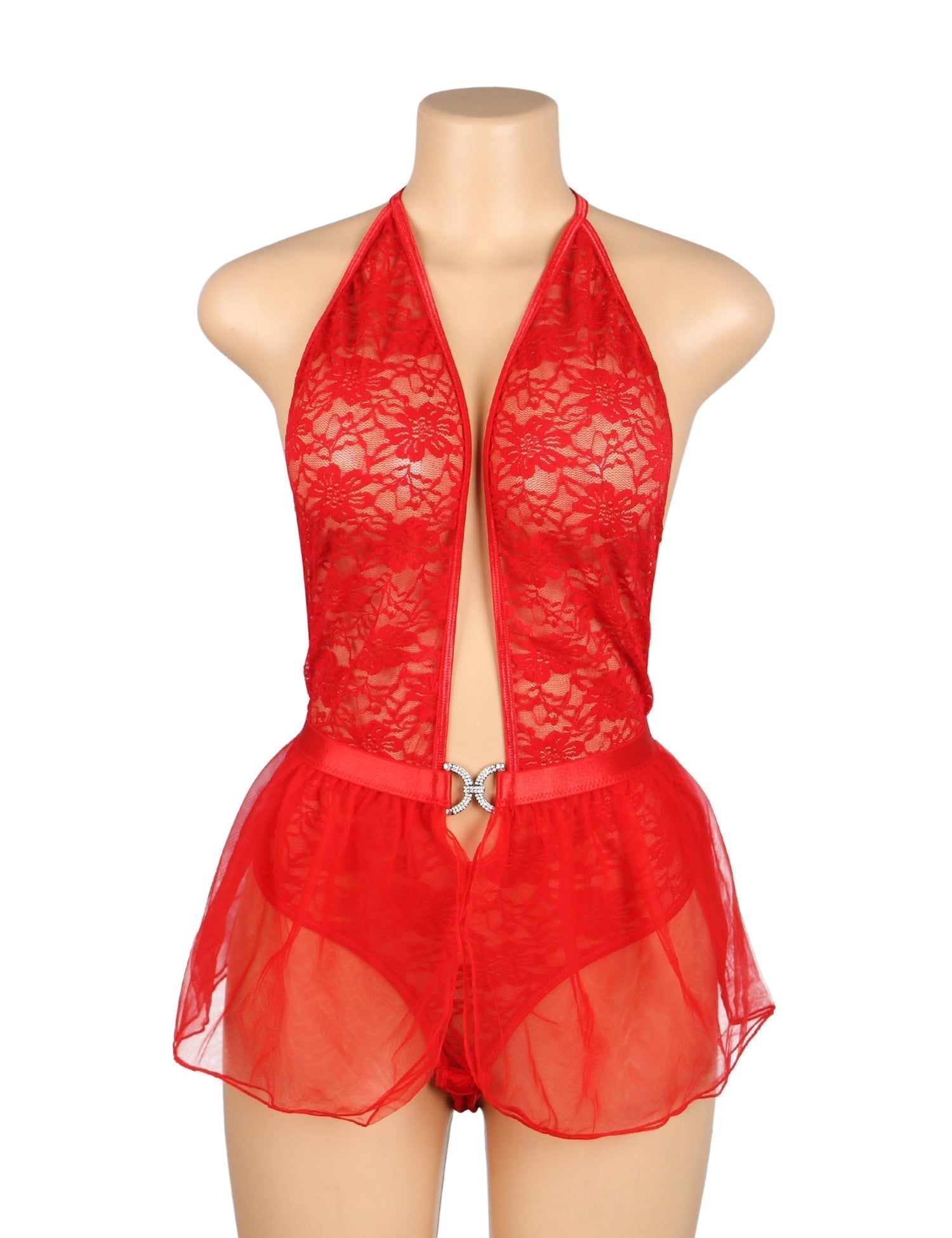 Red Lace Halter Bodysuit & Mesh Mini Skirt Set – Deep V & Open Back - TeaseFashion