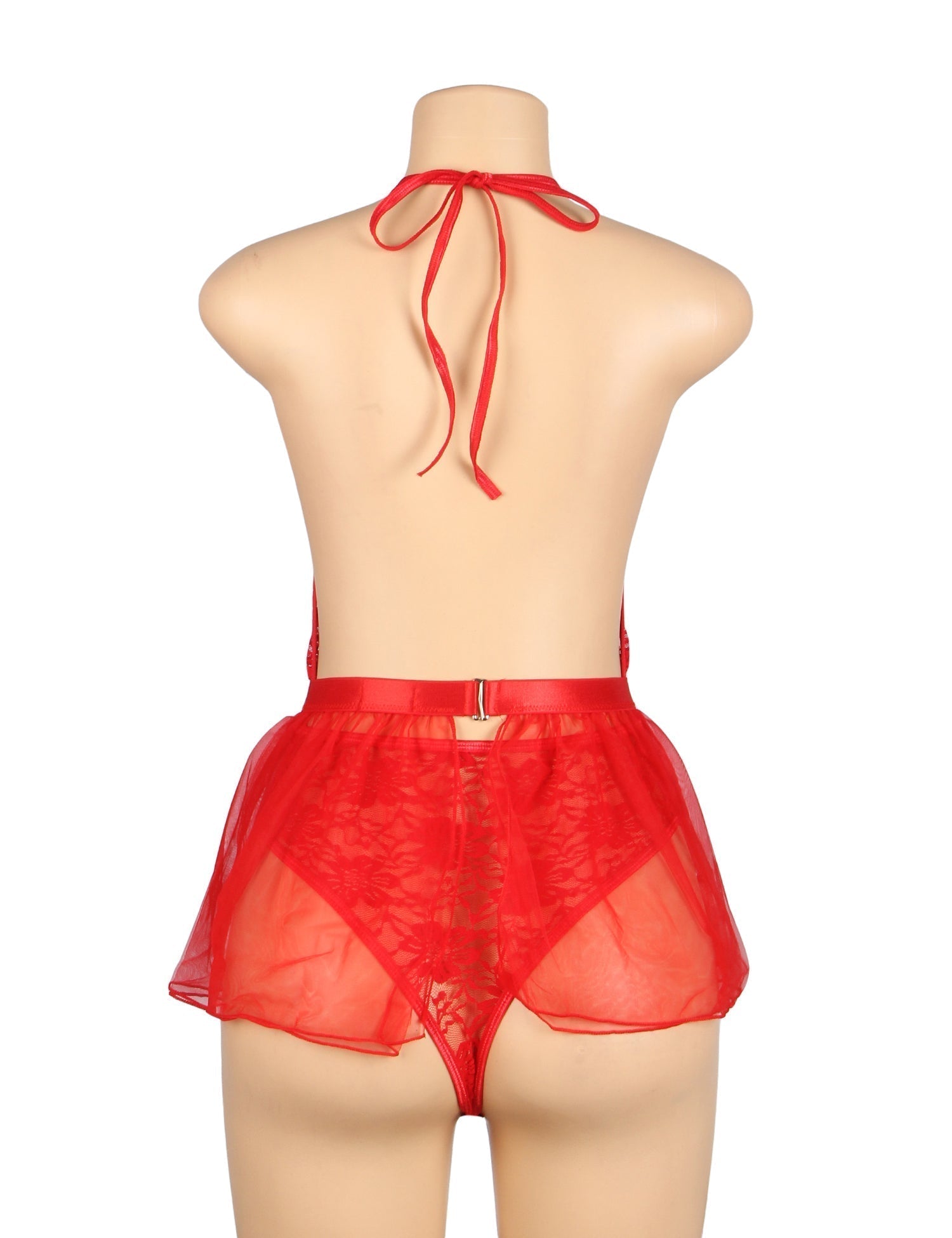 Red Lace Halter Bodysuit & Mesh Mini Skirt Set – Deep V & Open Back - TeaseFashion