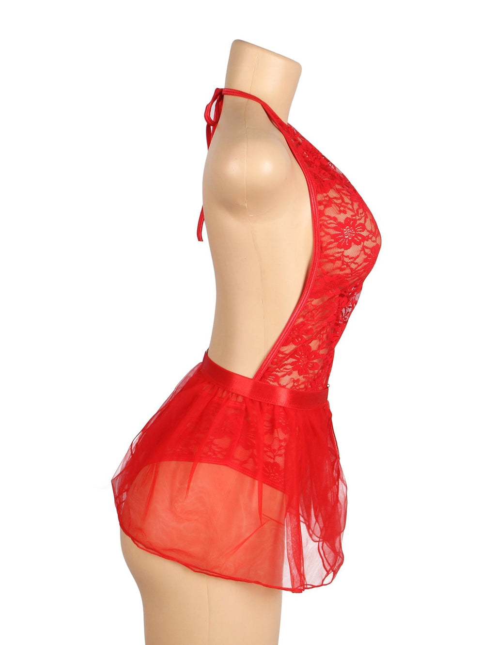 Red Lace Halter Bodysuit & Mesh Mini Skirt Set – Deep V & Open Back - TeaseFashion