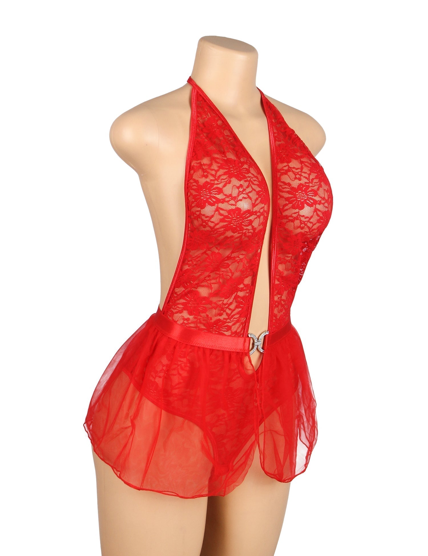 Red Lace Halter Bodysuit & Mesh Mini Skirt Set – Deep V & Open Back - TeaseFashion