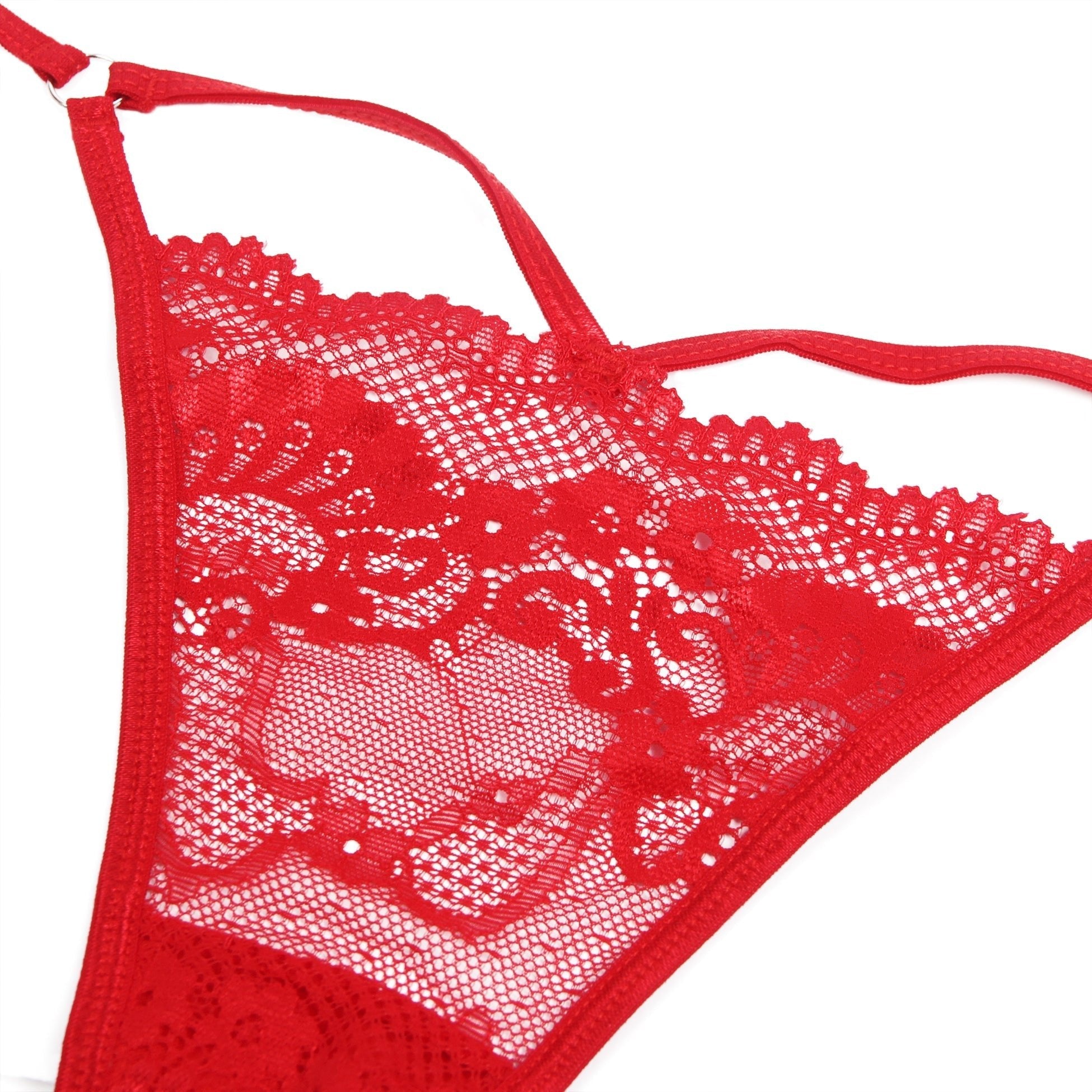 Red Lace Hollow - Out Thong with Metal Ring Waist Detail - TeaseFashion