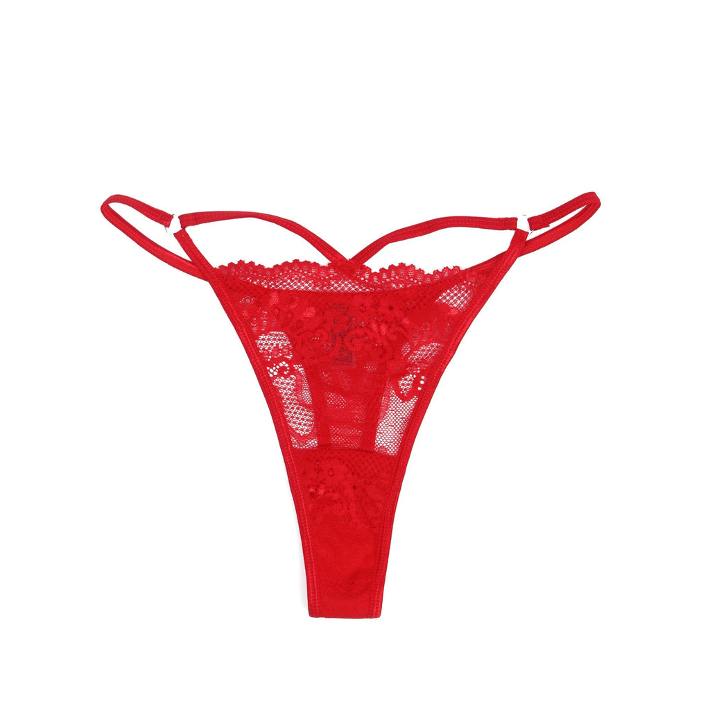Red Lace Hollow - Out Thong with Metal Ring Waist Detail - TeaseFashion