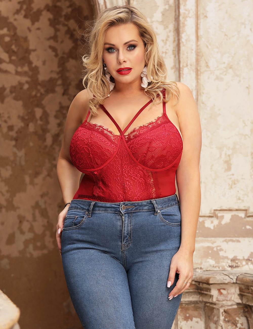 Red Lace & Mesh Bodysuit – Eyelash Lace Cups, Hollow - Out Bra Detail, Adjustable Crotch & Straps - TeaseFashion