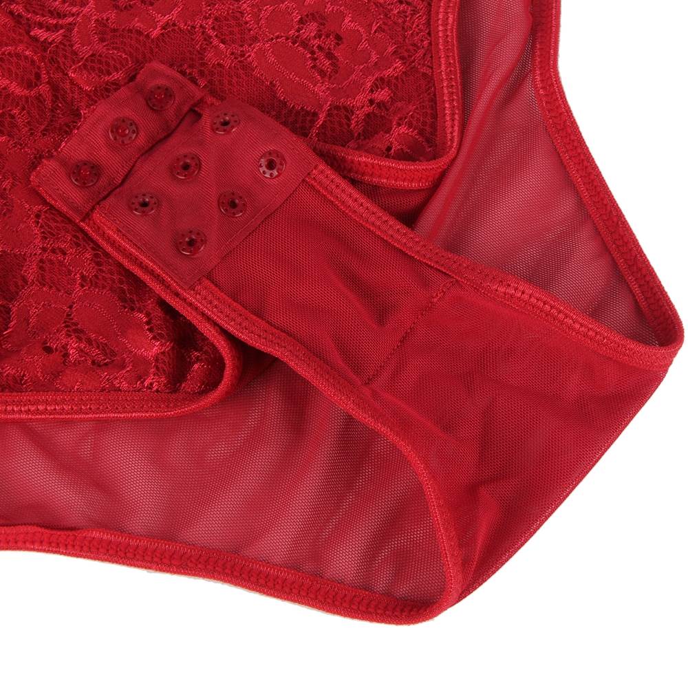 Red Lace & Mesh Bodysuit – Eyelash Lace Cups, Hollow - Out Bra Detail, Adjustable Crotch & Straps - TeaseFashion