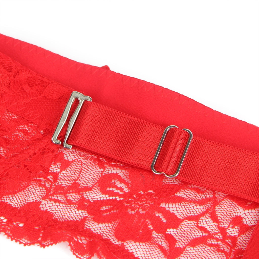 Red Lace Mesh Garter Belt Set with 9 - Buckle Waist & Steel Fittings - TeaseFashion