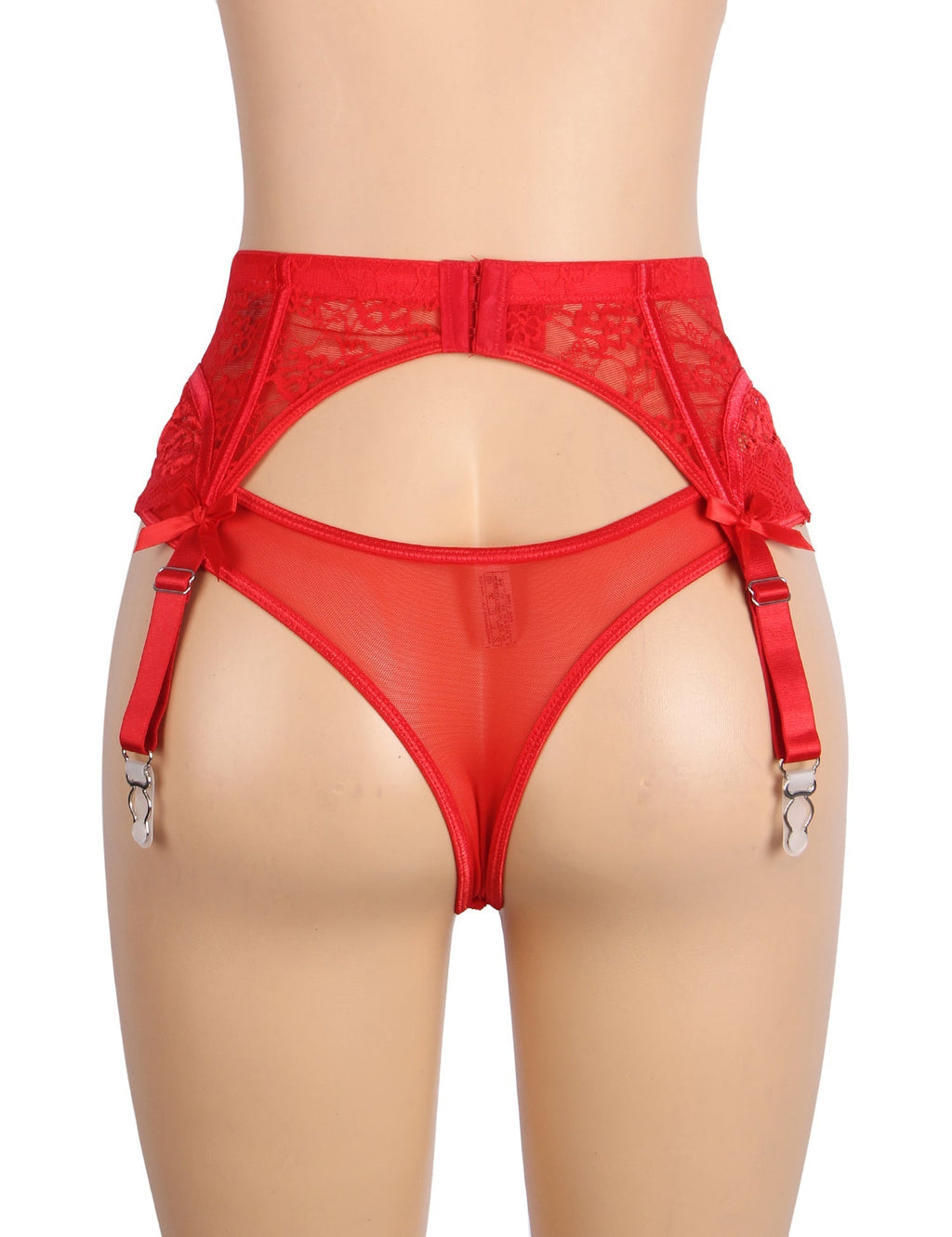 Red Lace Mesh Garter Belt Set with Bow Detail, Boning & Button Closure - TeaseFashion