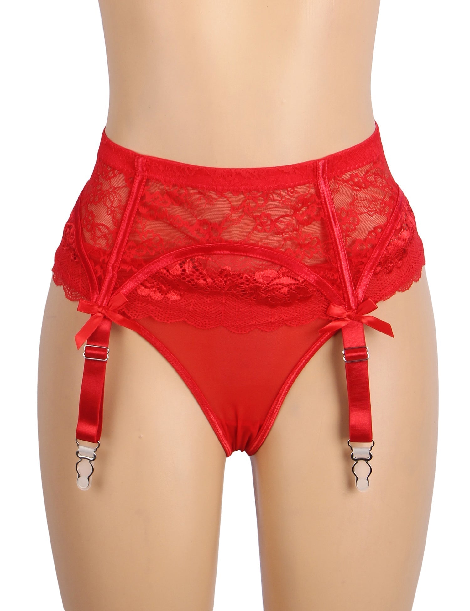 Red Lace Mesh Garter Belt Set with Bow Detail, Boning & Button Closure - TeaseFashion