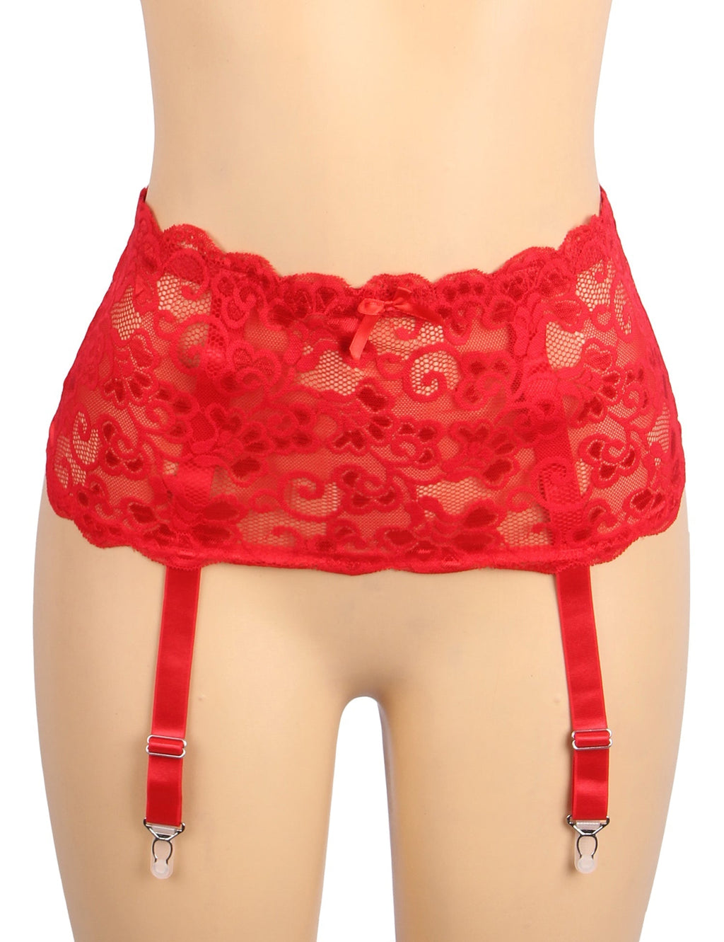 Red Lace Mesh Garter Belt with 4 Elastic Straps - TeaseFashion