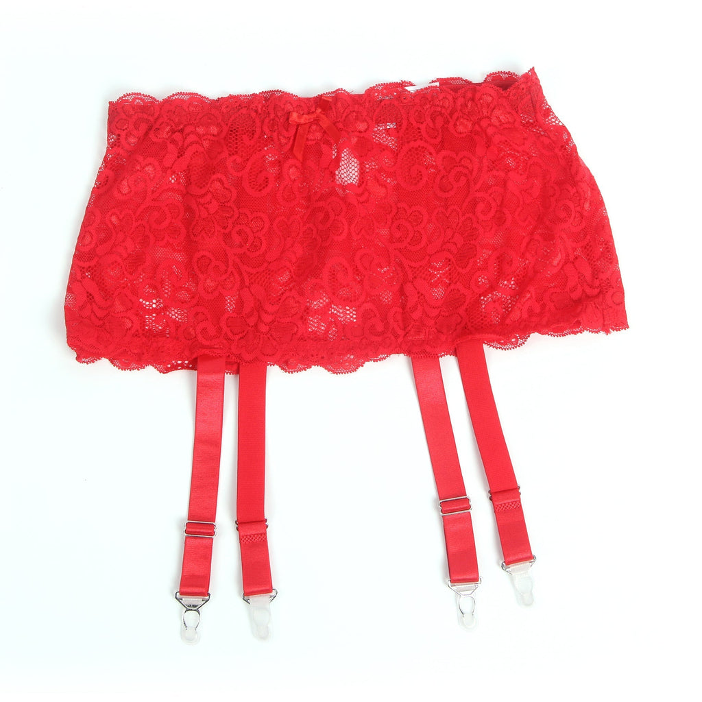 Red Lace Mesh Garter Belt with 4 Elastic Straps - TeaseFashion