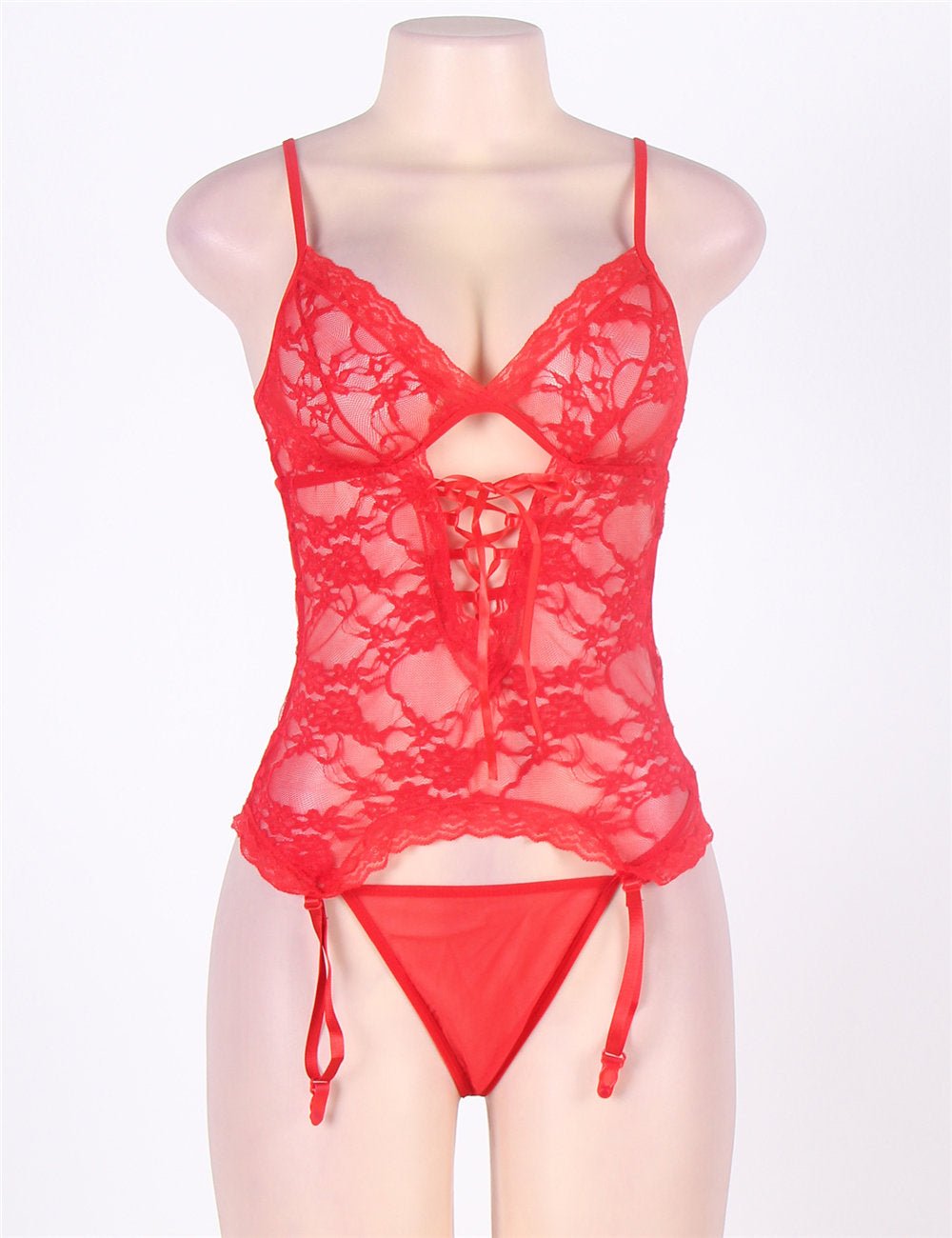Red Lace Mesh Garter Lingerie Set – Front Hollow - Out, Adjustable Straps, Button Back, Thong & Handcuffs Included - TeaseFashion