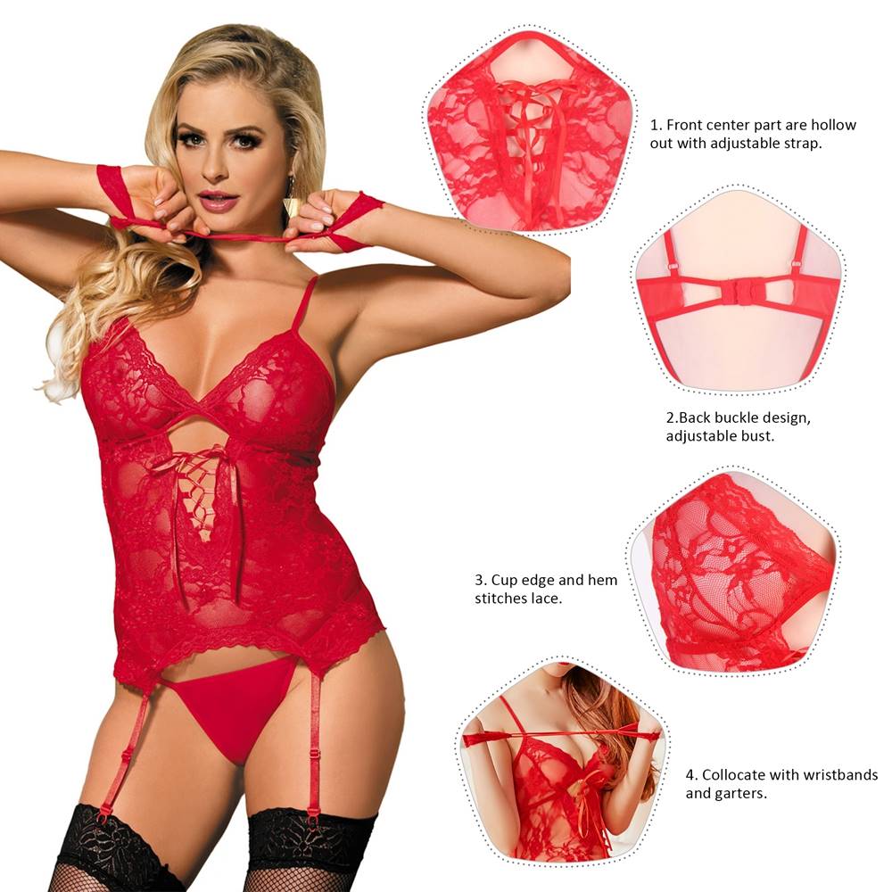 Red Lace Mesh Garter Lingerie Set – Front Hollow - Out, Adjustable Straps, Button Back, Thong & Handcuffs Included - TeaseFashion