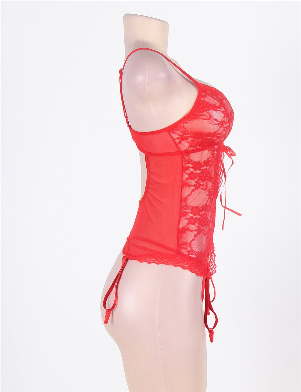 Red Lace Mesh Garter Lingerie Set – Front Hollow - Out, Adjustable Straps, Button Back, Thong & Handcuffs Included - TeaseFashion