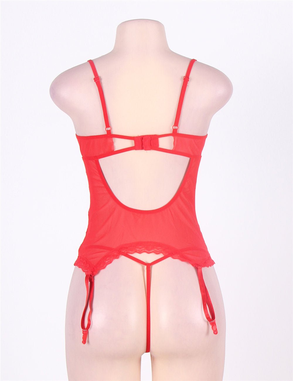 Red Lace Mesh Garter Lingerie Set – Front Hollow - Out, Adjustable Straps, Button Back, Thong & Handcuffs Included - TeaseFashion