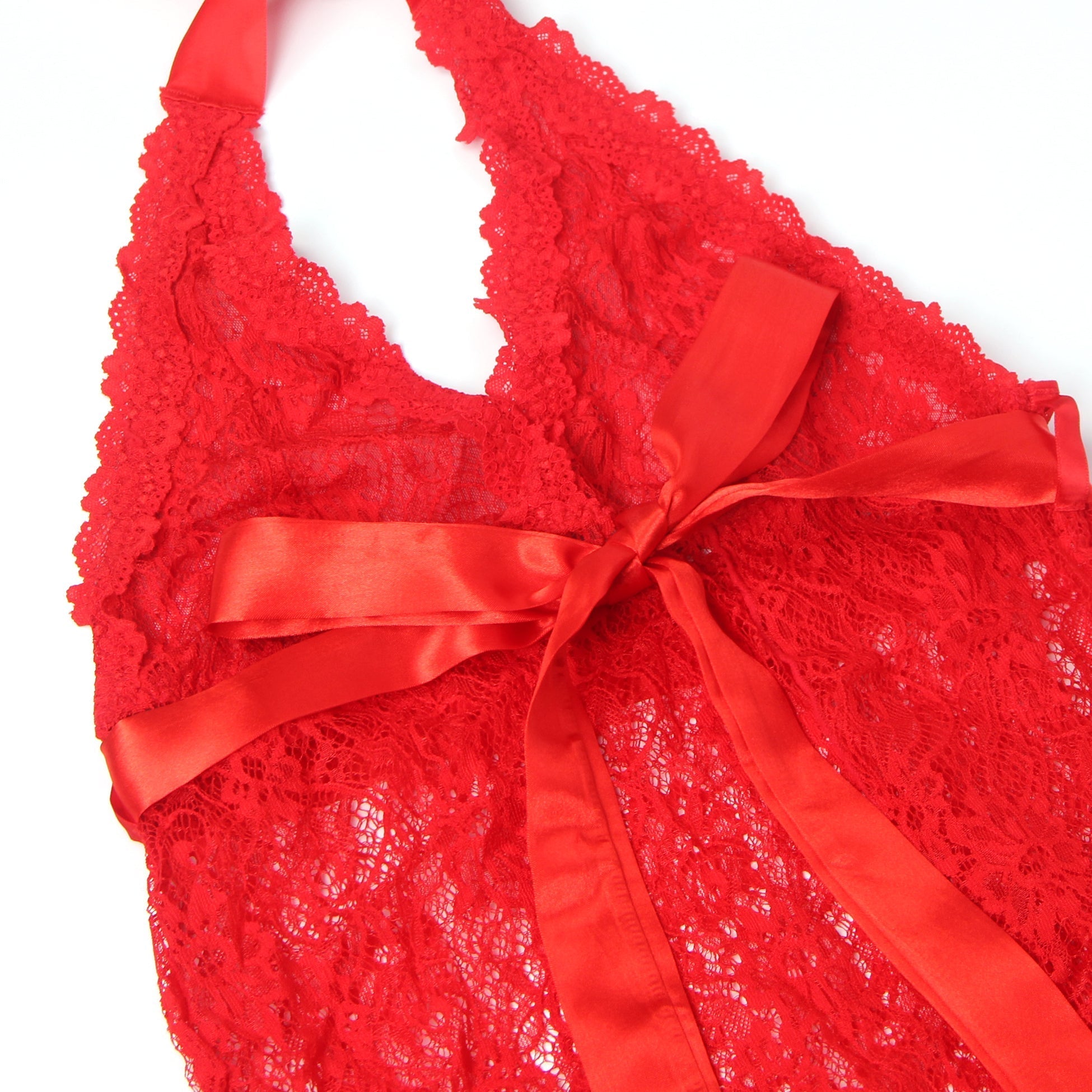 Red Lace Mesh Nightgown – Deep V Halter, Front Slit & Ribbon Detail - TeaseFashion