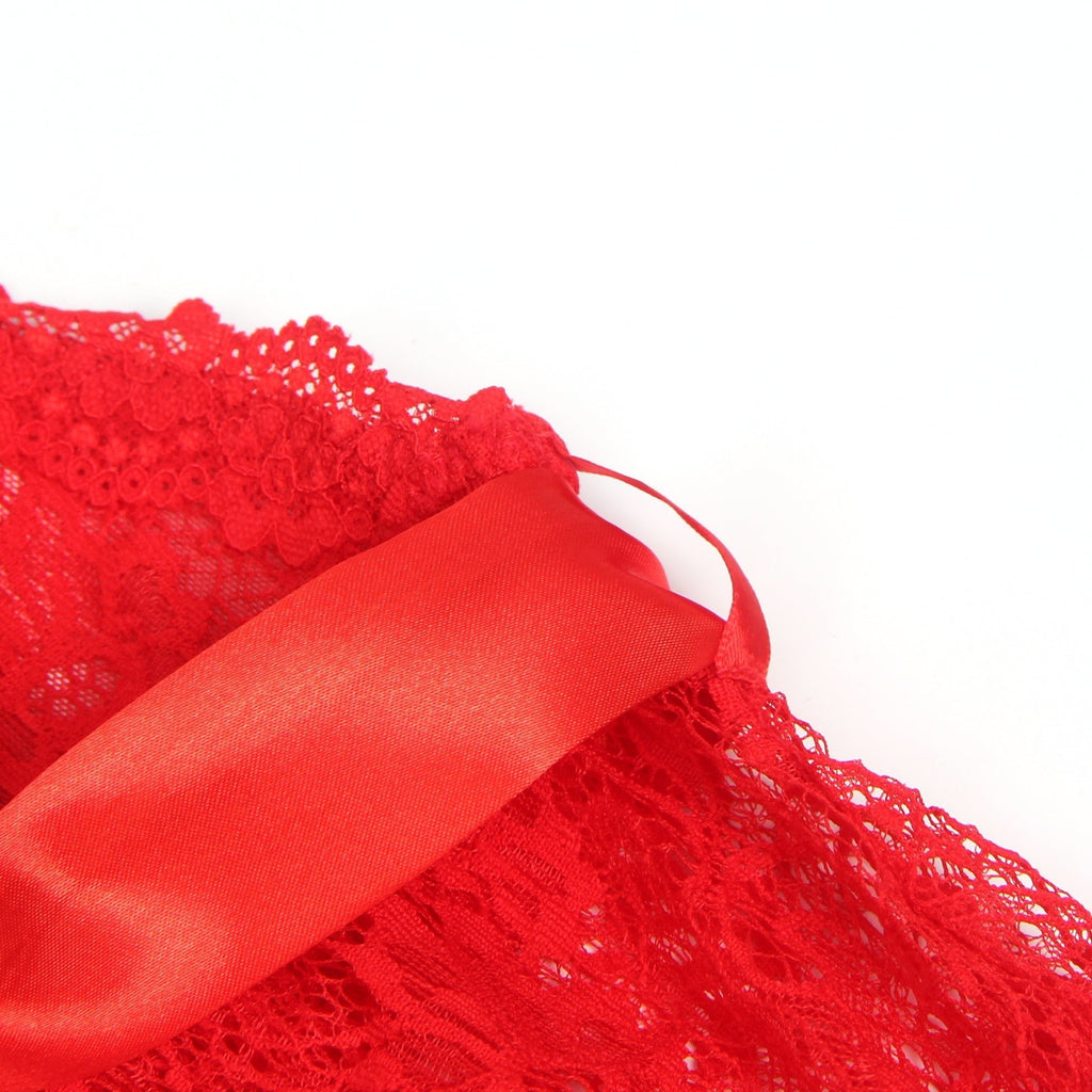 Red Lace Mesh Nightgown – Deep V Halter, Front Slit & Ribbon Detail - TeaseFashion