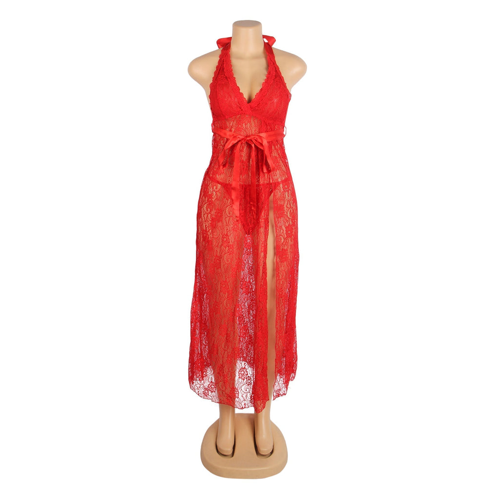Red Lace Mesh Nightgown – Deep V Halter, Front Slit & Ribbon Detail - TeaseFashion