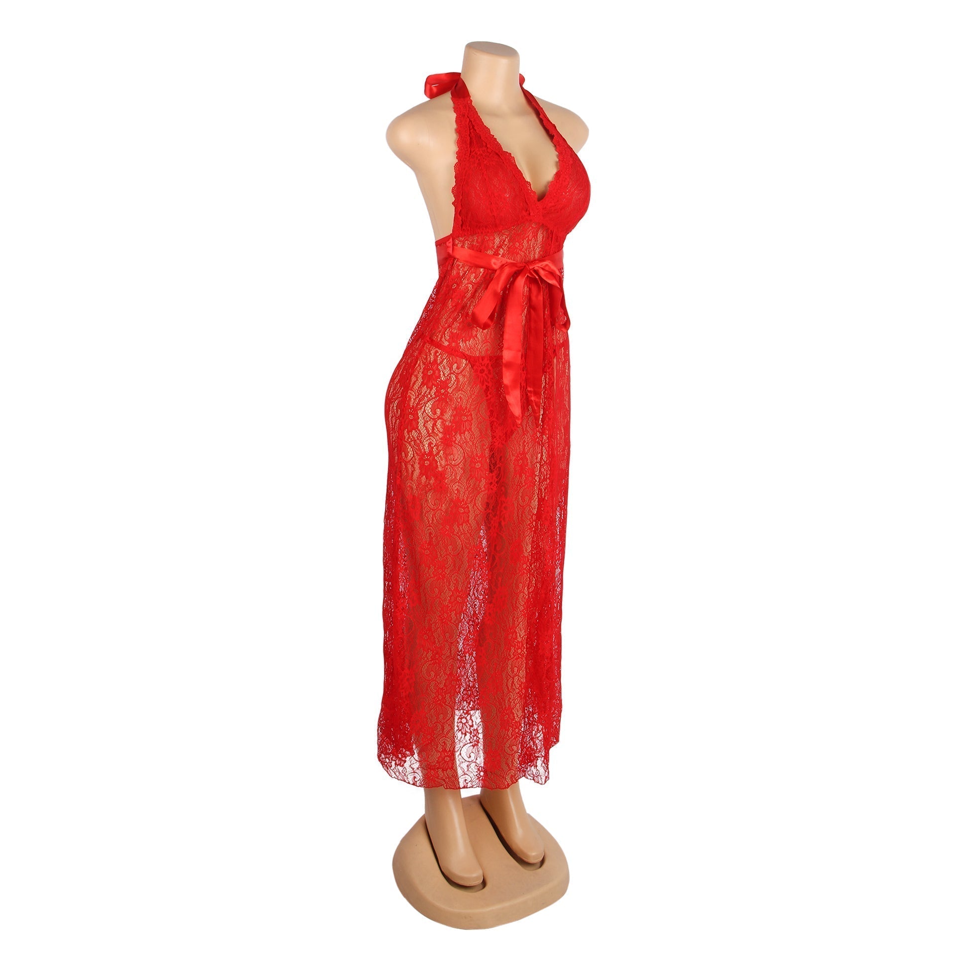 Red Lace Mesh Nightgown – Deep V Halter, Front Slit & Ribbon Detail - TeaseFashion