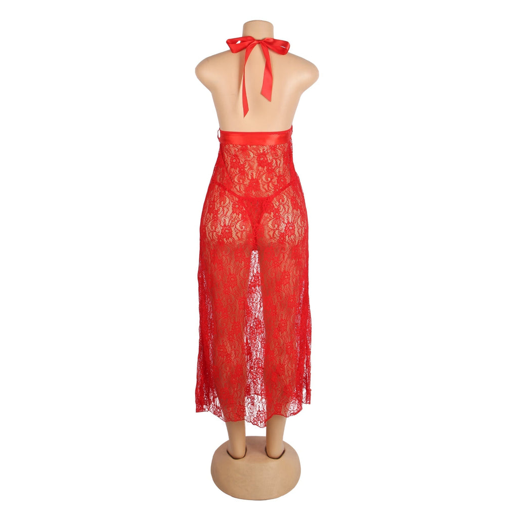 Red Lace Mesh Nightgown – Deep V Halter, Front Slit & Ribbon Detail - TeaseFashion