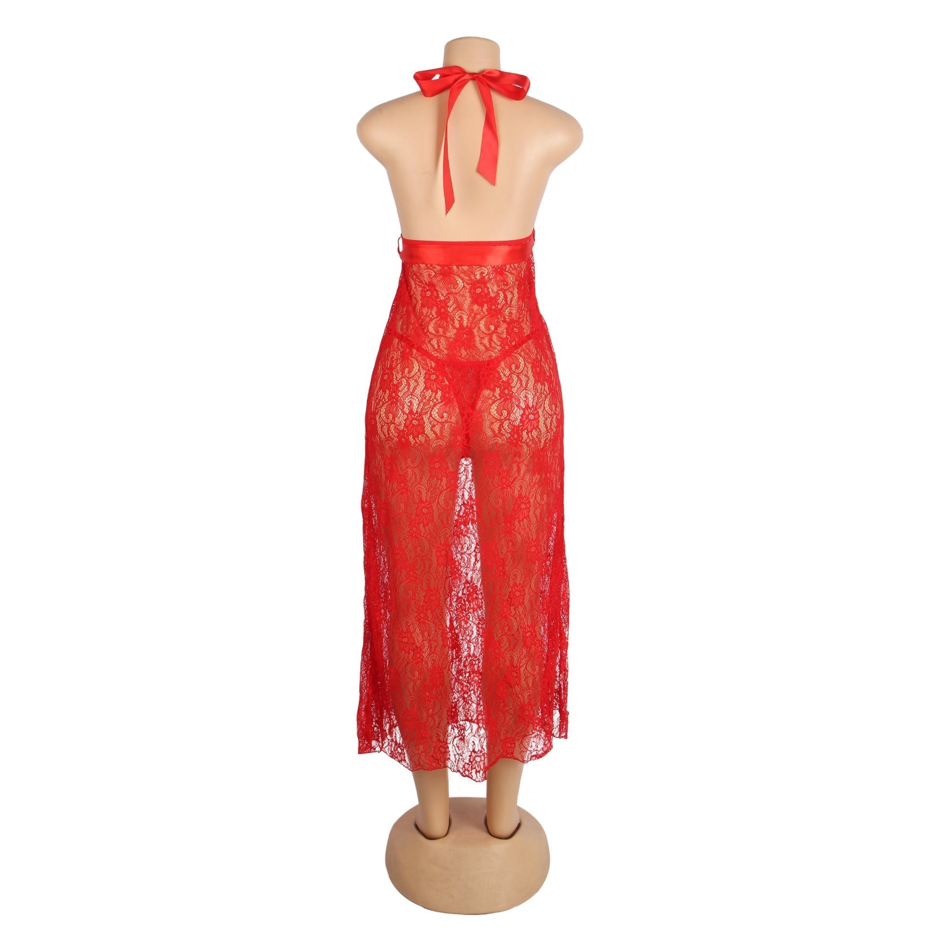 Red Lace Mesh Nightgown – Deep V Halter, Front Slit & Ribbon Detail - TeaseFashion
