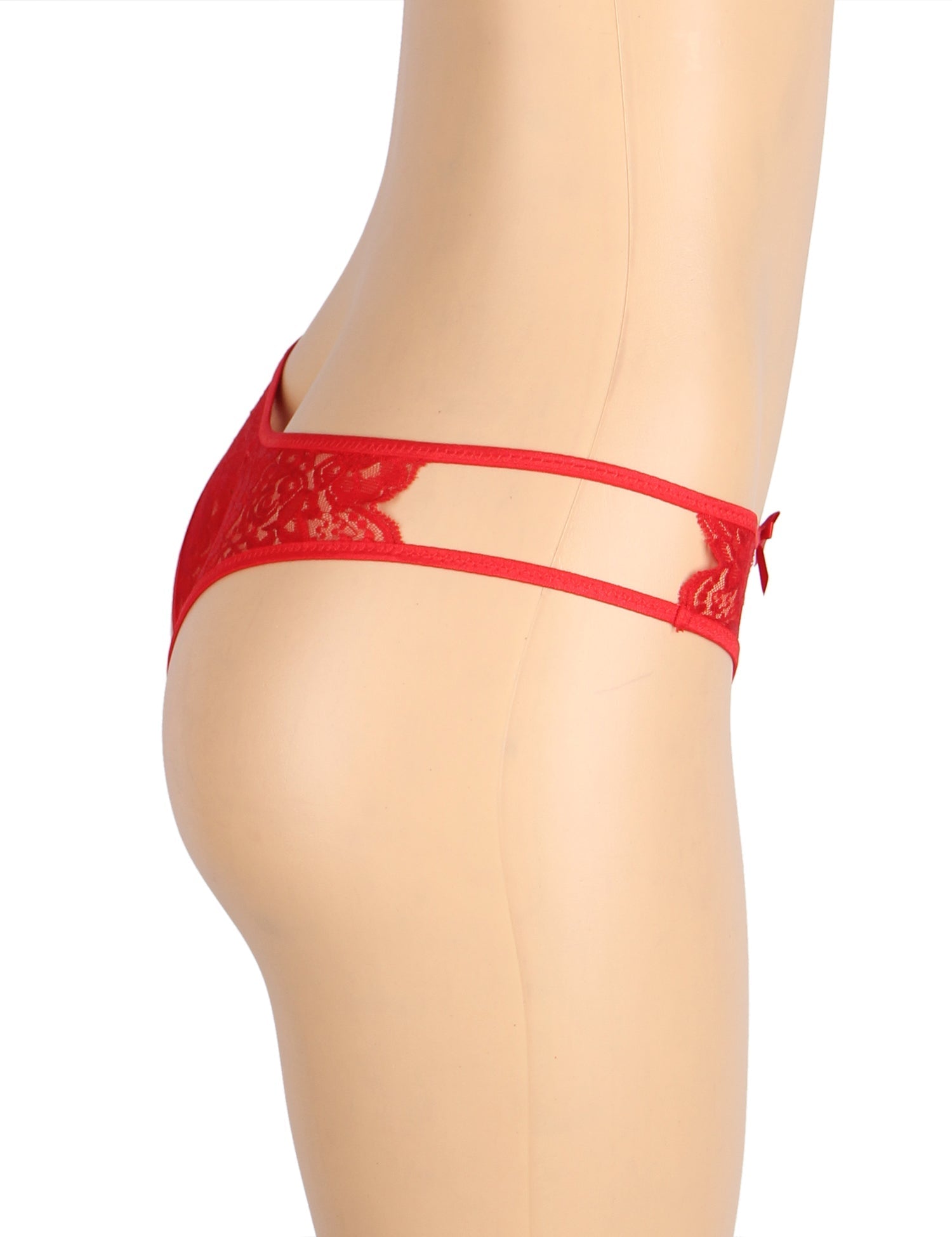 Red Lace Mesh Panty with Side Cutouts, Front Bow & Open Crotch - TeaseFashion