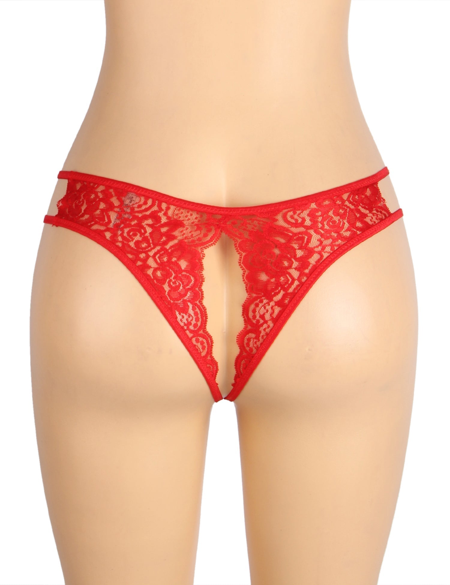 Red Lace Mesh Panty with Side Cutouts, Front Bow & Open Crotch - TeaseFashion