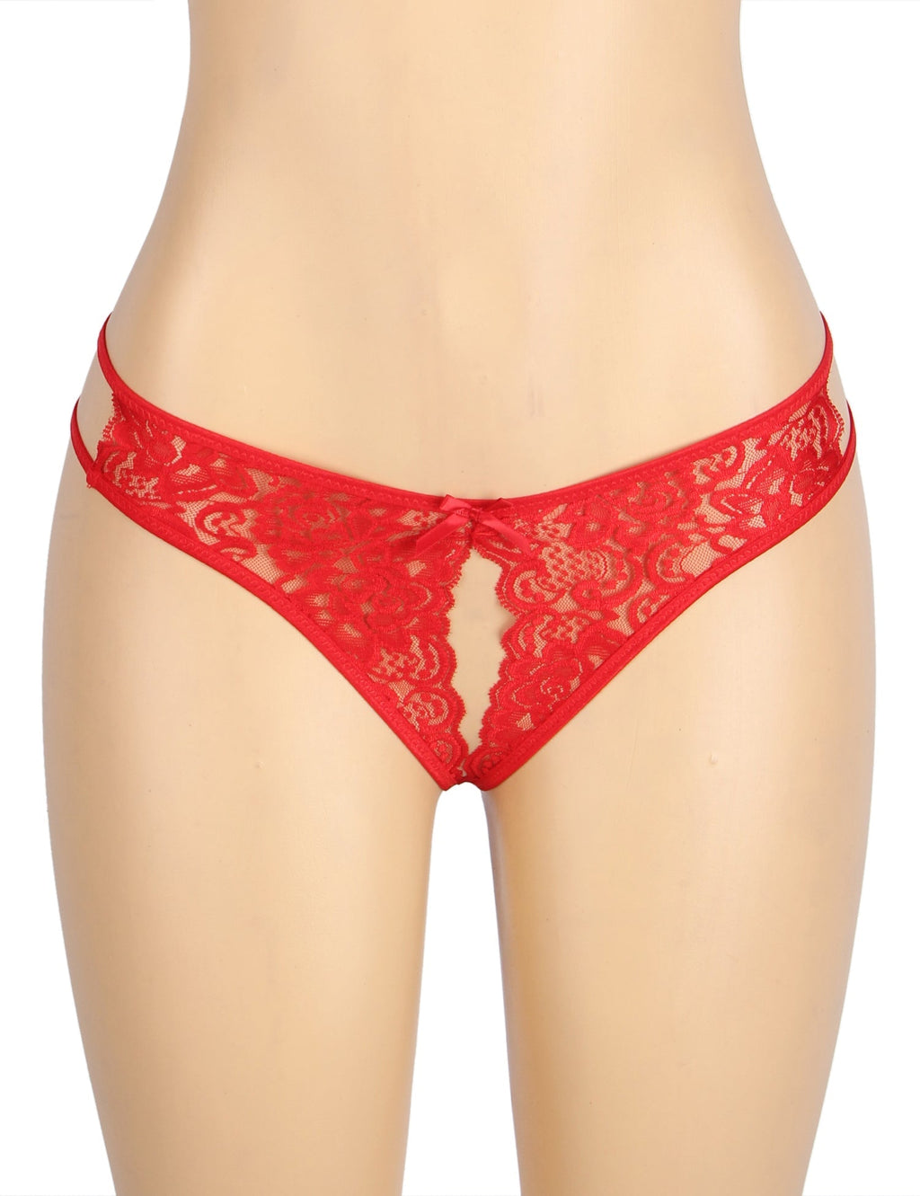 Red Lace Mesh Panty with Side Cutouts, Front Bow & Open Crotch - TeaseFashion
