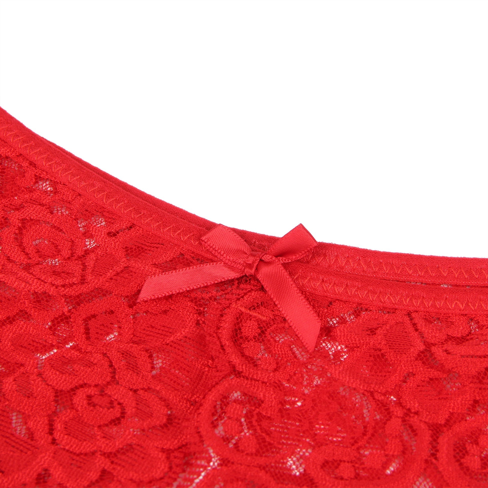 Red Lace Mesh Panty with Side Cutouts, Front Bow & Open Crotch - TeaseFashion