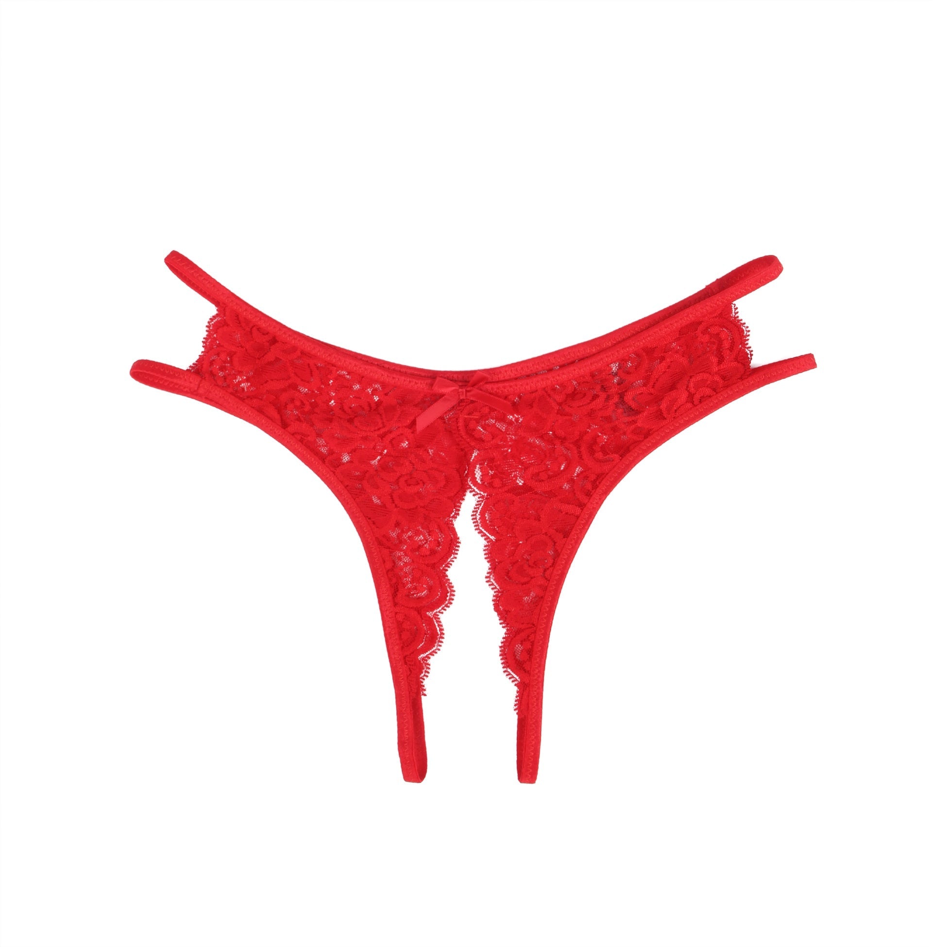 Red Lace Mesh Panty with Side Cutouts, Front Bow & Open Crotch - TeaseFashion