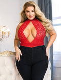 Red Lace Mesh Teddy – Halter Neck, Hollow Cut - Out Detail & Open Back - TeaseFashion