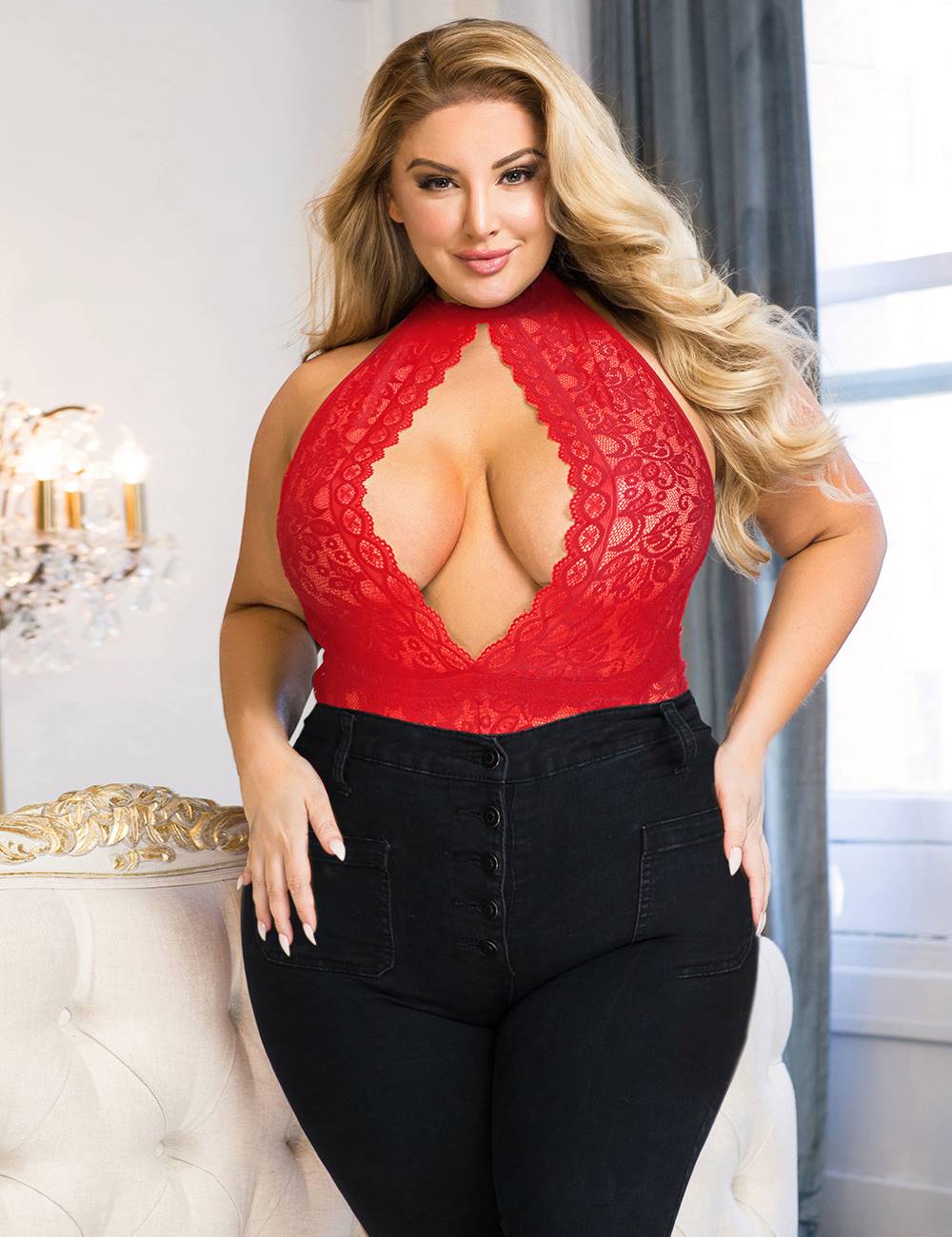 Red Lace Mesh Teddy – Halter Neck, Hollow Cut - Out Detail & Open Back - TeaseFashion