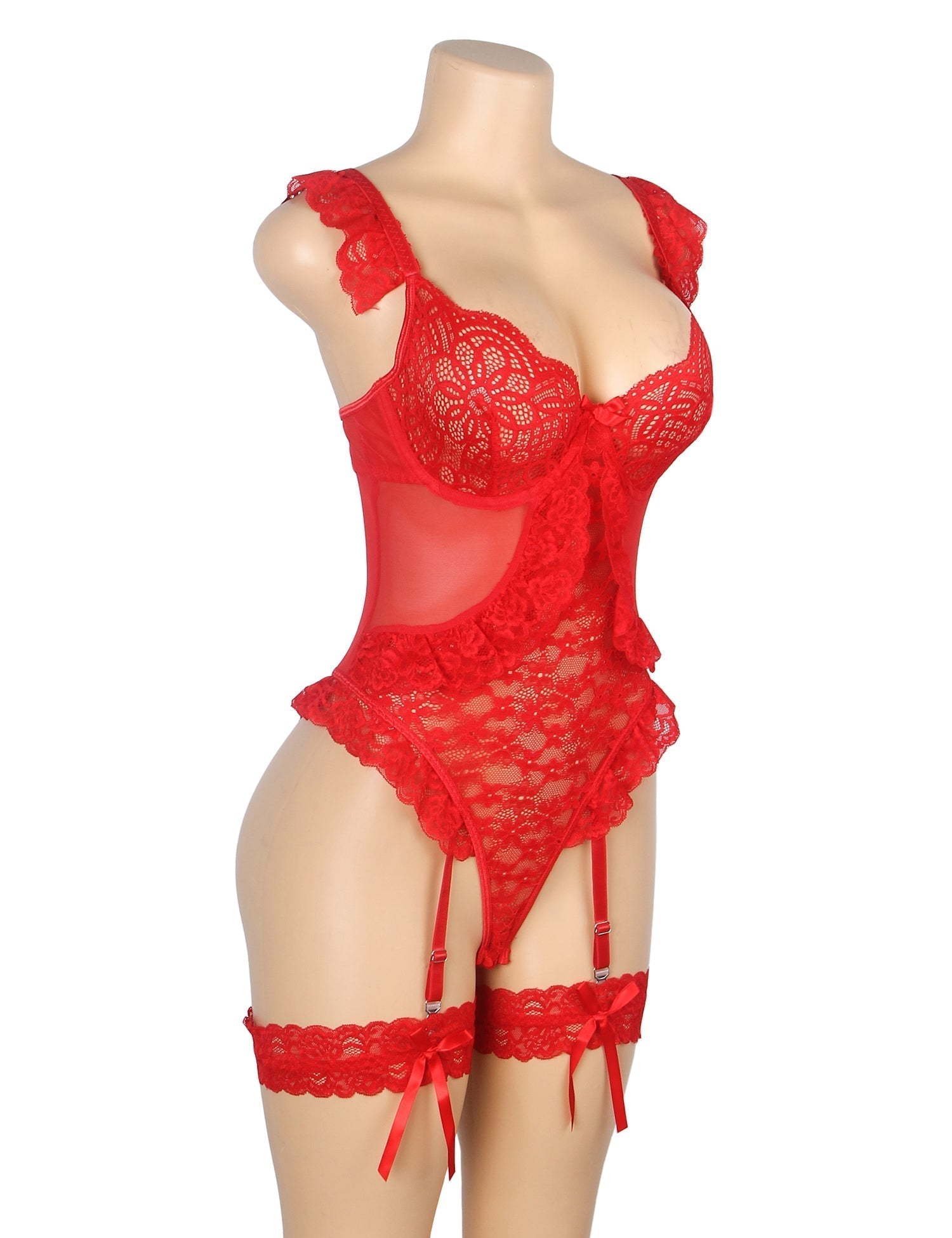 Red Lace & Mesh Teddy with 3D Floral Embroidery & Bow Garter - TeaseFashion