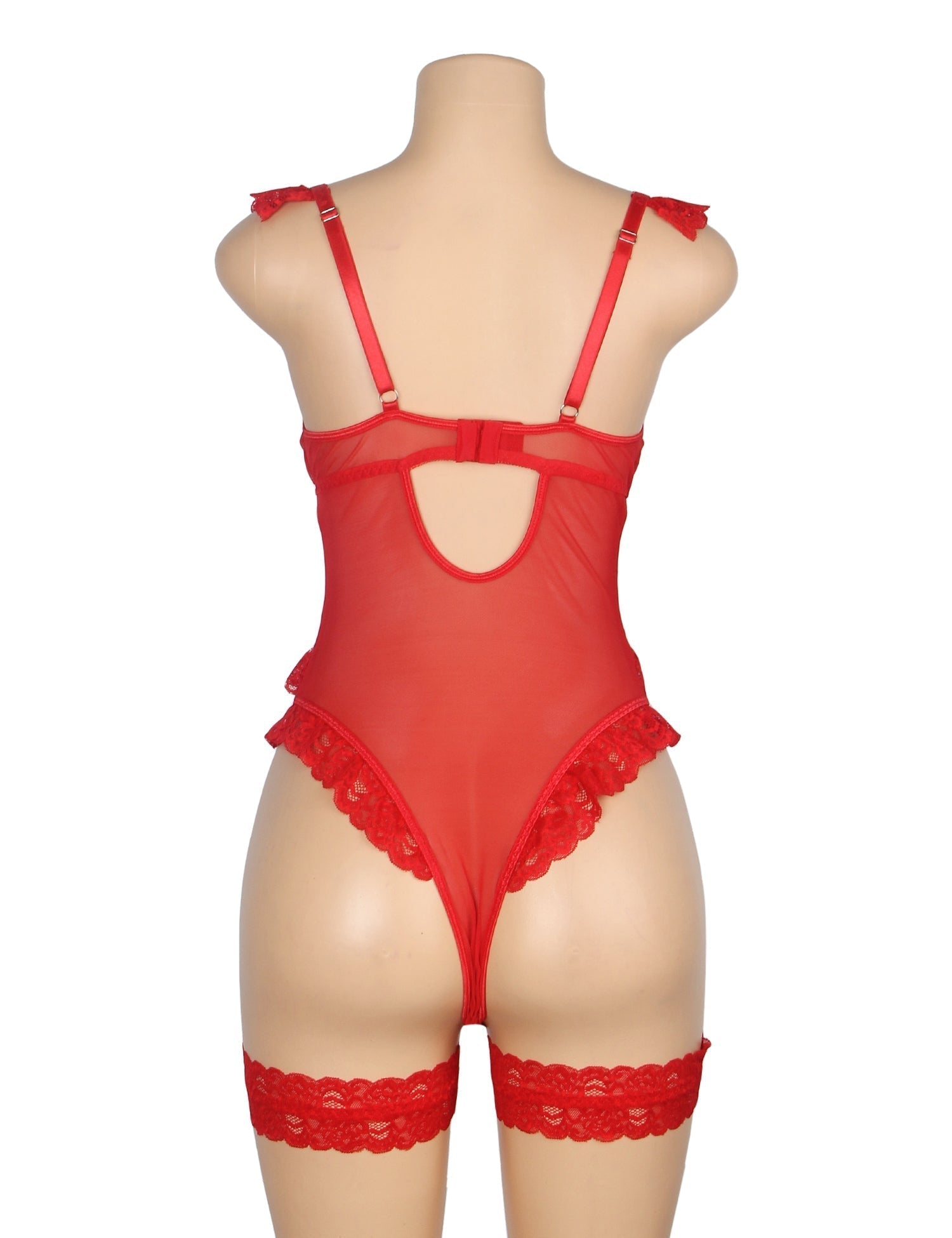 Red Lace & Mesh Teddy with 3D Floral Embroidery & Bow Garter - TeaseFashion