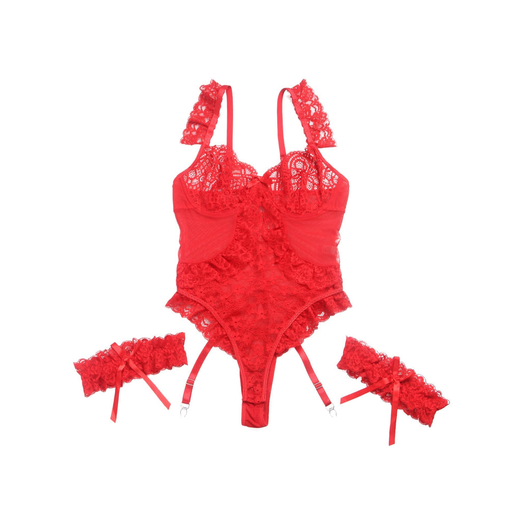 Red Lace & Mesh Teddy with 3D Floral Embroidery & Bow Garter - TeaseFashion